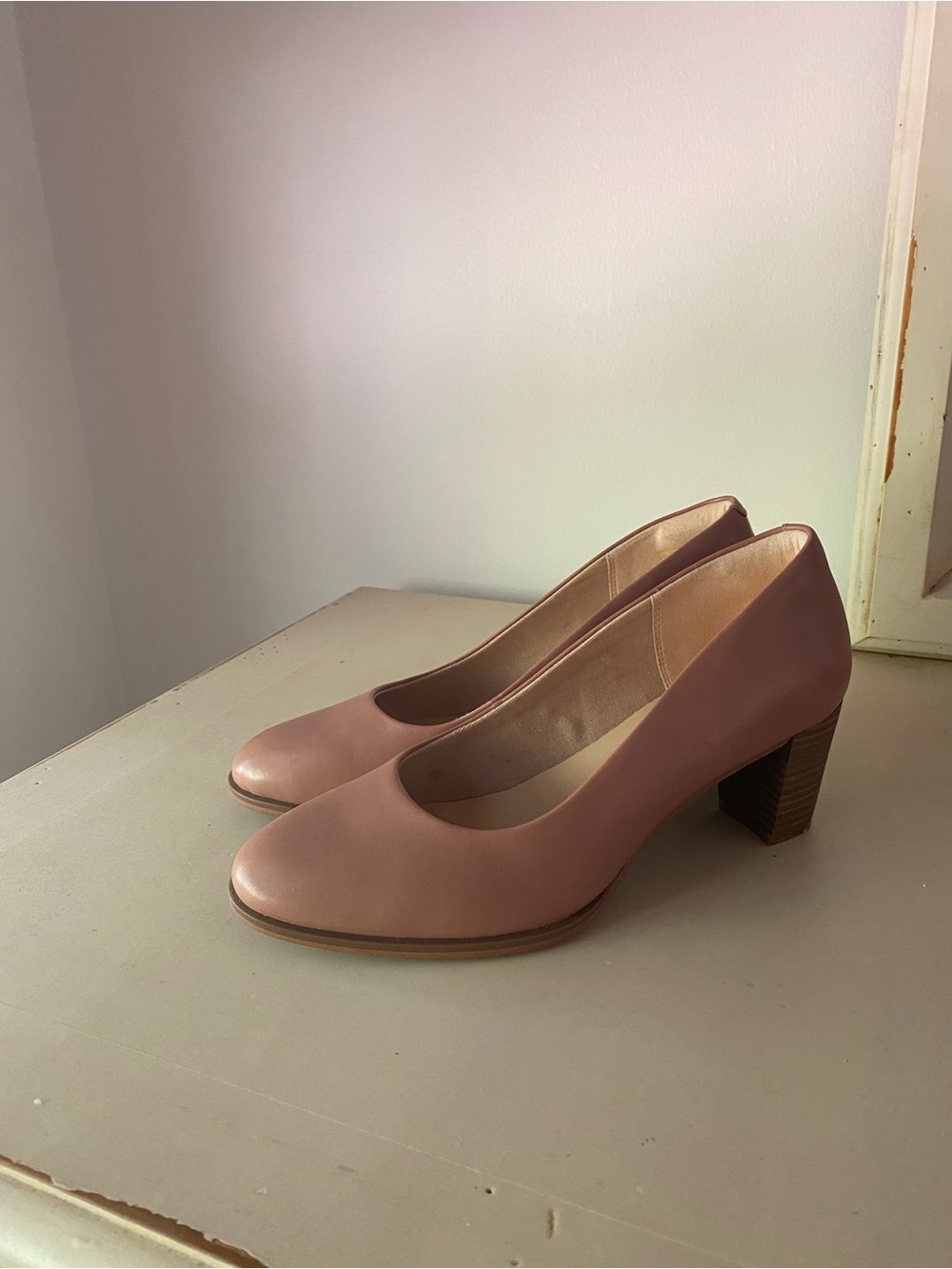 Clarks Rosy Beige Low Block Heel Pumps